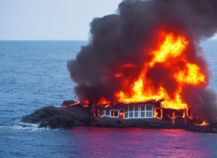 Image similar to dslr photo still of a house on fire at the bottom of the ocean, 8 5 mm f 1. 8