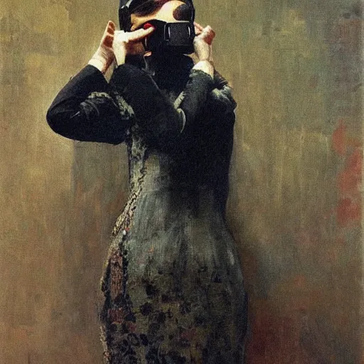 Image similar to a painting of a woman wearing vr goggles by repin.