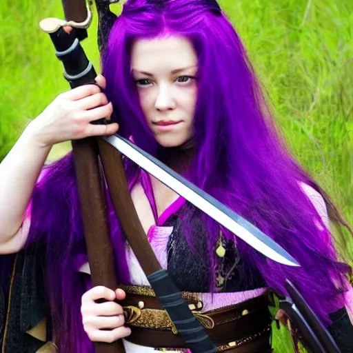 Prompt: beautiful female warrior with long purple hair and katana, diadem
