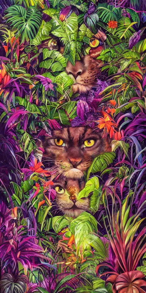 Image similar to deep in the jungle with exotic plant life, colorful tropical plants, natural botanical gardens, vines along the jungle floor, a panthers eyes staring at the camera, acrylic painting by hannah yata, artstation, concept art, award winning,
