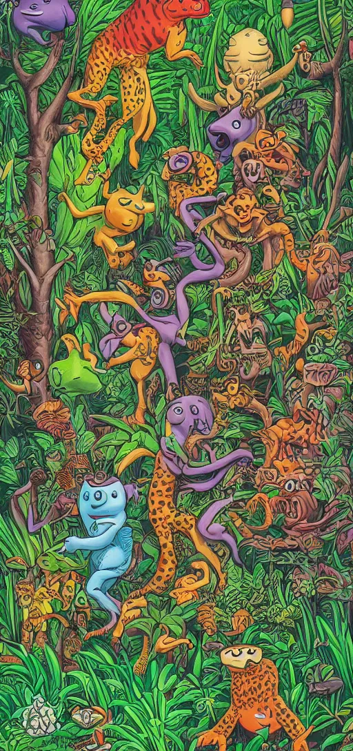 Image similar to a jungle of lies, with creatures of all kinds, full color in the style of jim woodring