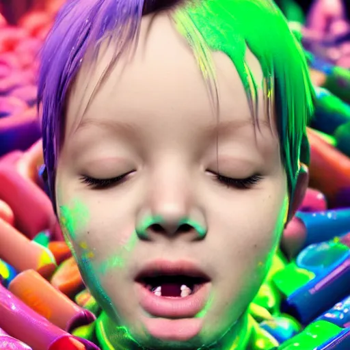 Prompt: born again christian tiktok influencer eating melting crayons and winking to their followers, in the style of james jean, artstation trending, 8 k, 3 d render, photorealistic, volumetric lighting caustics, pink