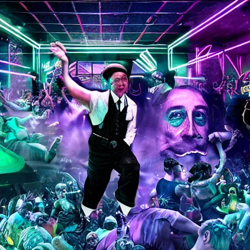 Image similar to a hyper detailed tarot card of adolf hitler dancing at a rave, edm fans, neon lights, dance club rave, volumetric lighting, greg rutkowski and alphonse mucha, 8 k, octane render