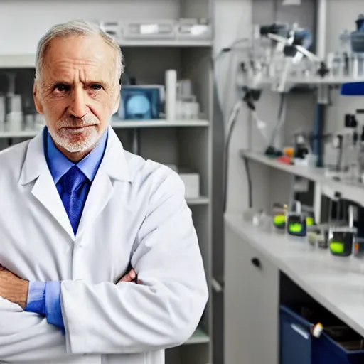 Image similar to portrait of a man standing in his lab, the face of the man is old an trustworthy, there's a calm satisfaction to his look