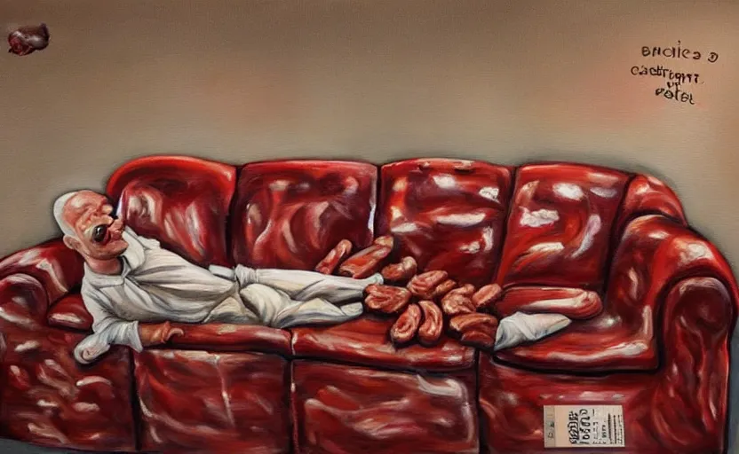 Image similar to realistic painting of couch made out of meat, business men sitting on couch made out of meat and talking, meat couch, meat couch,