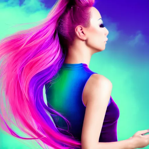 Image similar to a award winning half body portrait of a beautiful woman in a croptop with a ombre purple pink teal hairstyle with head in motion and hair flying, outrun, vaporware, vivid colors, highly detailed, fine detail, intricate