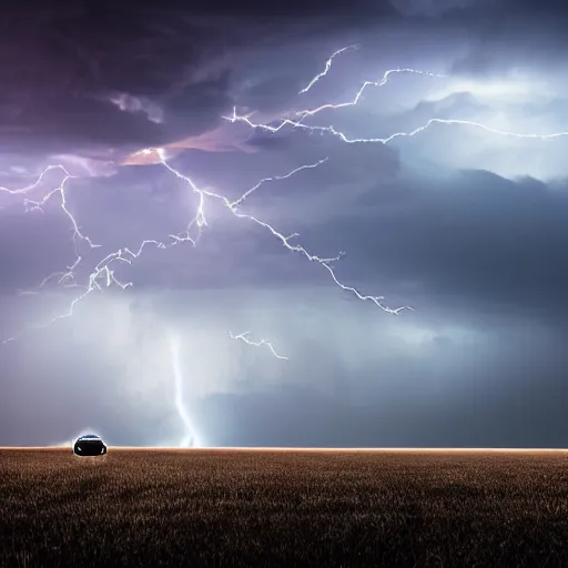 Prompt: futuristic flying car emerging from a circle of lightning in the sky, thunderstorm at night, 28mm dramatic photo