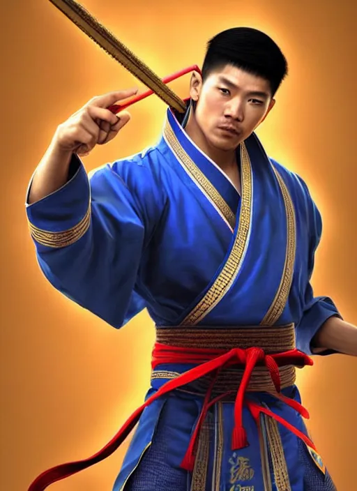 Image similar to male martial artist with a manchu hairstyle!!!! asian facial features and blue eyes!! intricate ornate blue robes!! character concept art, sharp focus, octane render! unreal engine 5! highly rendered!! trending on artstation!! detailed linework!! illustration by artgerm, wlop, and chie yoshii