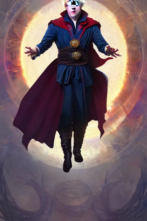 Image similar to Boris Johnson as Dr. Strange, highly detailed character in digital fantasy, painted portrait, artstation, concept art, hard focus, illustrations, works by Artgerm and Greg Rutkowski, Alphonse Mucha and Craig Mullins, James Gene, Andrey Ryabovichev, Mark Simonetti and Peter Morbacher, 16 thousand