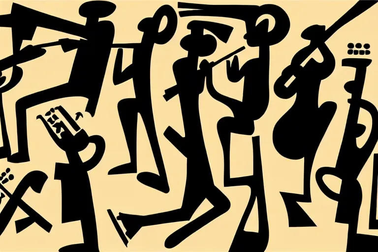 Image similar to 3 jazz musicians, head and shoulders playing with musical notes as abstract art in the style of Stuart Davis,shading, matte illustration