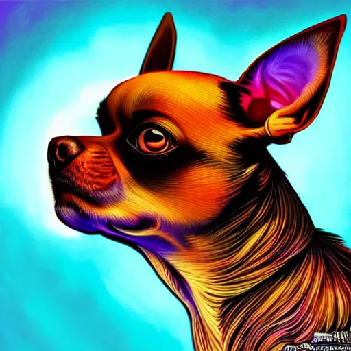 Image similar to a chihuahua with a third eye living in an extradimensional reality, in the style of wlop and alex grey, illustration, epic, fantasy, hyper detailed, smooth, unreal engine, sharp focus, ray tracing, physically based rendering