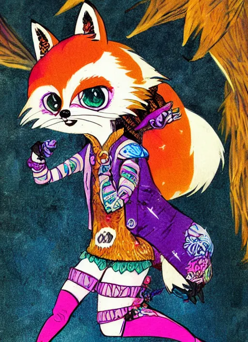 Image similar to A vintage painted illustration of an adorable chibi male rogue fox anime guy in the style of Lisa Frank Babs Tarr Hantine Hsu sitting in a couture leather and spike vest that has skulls on it