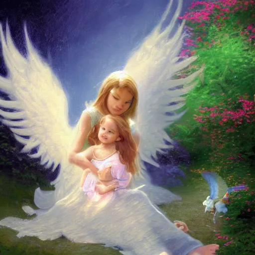 Prompt: Angel protecting child by thomas kinkade, very detailed, deviantart, artstation