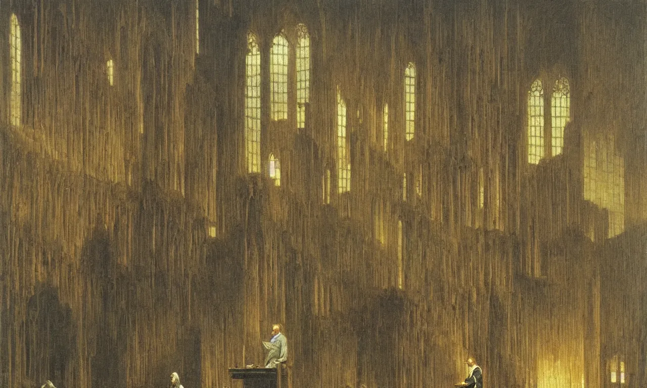 Prompt: a hamster gives a sermon in a matchstick cathedral caspar david friedrich oil painting