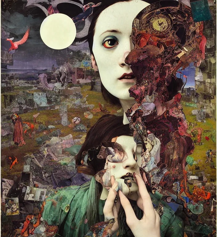 Prompt: over - saturated professional pre - raphaelite decollage painting defined colours old white - headed man under the huge moon on a street of ruined city by adrian ghenie and takato yamamoto and austin osman spare and edward hopper and mark ryden and tsutomu nihei, very coherent, baroque elements, perfect anatomy, intricate design. pop art.