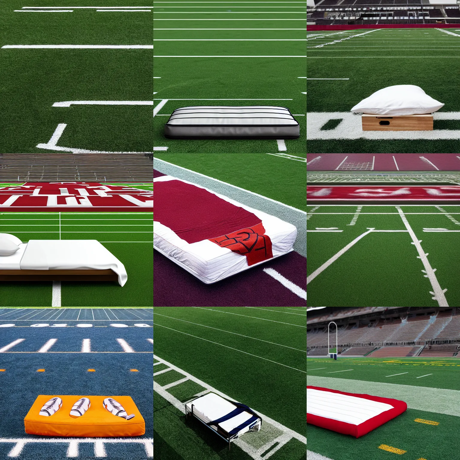 Prompt: bed in the middle of a football field