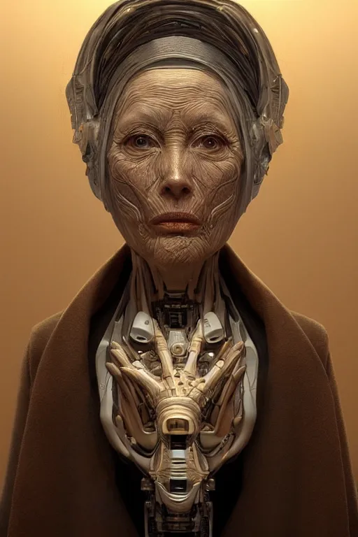 Image similar to portrait of a old female robot grandmother, intricate, dystopian toy, sci-fi, extremely detailed, digital painting, sculpted in zbrush, artstation, concept art, smooth, sharp focus, illustration, chiaroscuro lighting, golden ratio, incredible art by artgerm and greg rutkowski and alphonse mucha and simon stalenhag