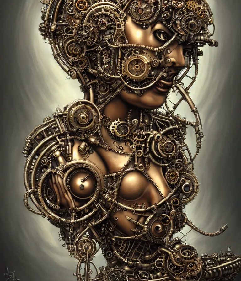 Image similar to steampunk cybernetic biomechanical krishna, front facing, symmetric, 3 d model, very coherent symmetrical artwork, unreal engine realistic render, 8 k, micro detail, intricate, elegant, highly detailed, centered, digital painting, artstation, smooth, sharp focus, illustration, artgerm, tomasz alen kopera, wlop