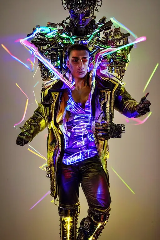 Image similar to full-body bladerunner style sculpture of a young handsome Latino prince as a half cibernetic android with a chest opening exposing circuitry and electric sparks, glowing laser beam eyes, crown of giant diamonds, flowing neon-colored silk, fabric, raptors. baroque elements. full-length view. baroque element. intricate artwork by caravaggio. reflective surfaces. Trending on artstation, octane render, cinematic lighting from the right, hyper realism, octane render, 8k, depth of field, 3D
