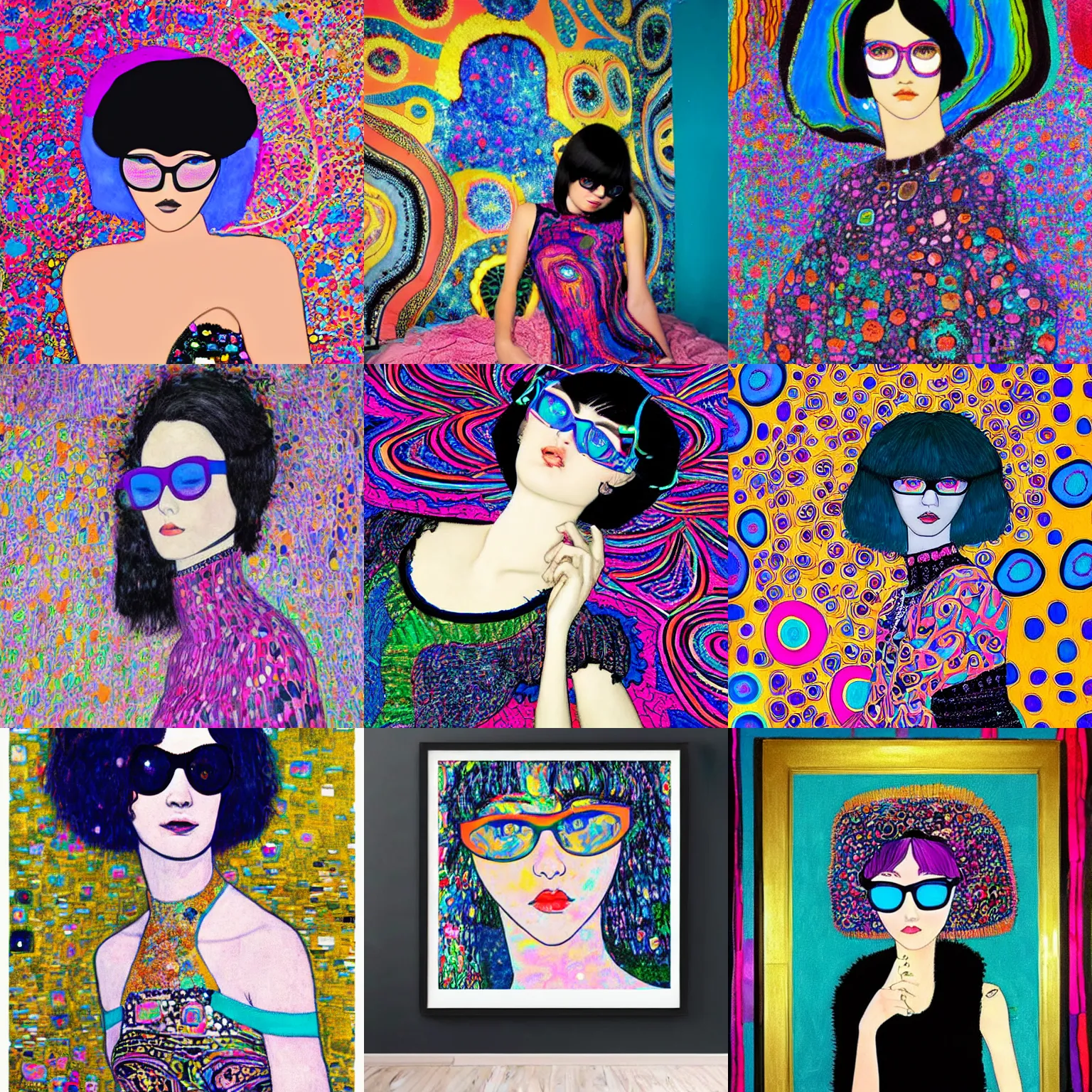 Prompt: klimt style teen girl short black shaggy asymetrical bob haircut and thin blue frame glasses, dressed in black lace, laying over a colorful and bright trippy victor moscoso room. colorful.