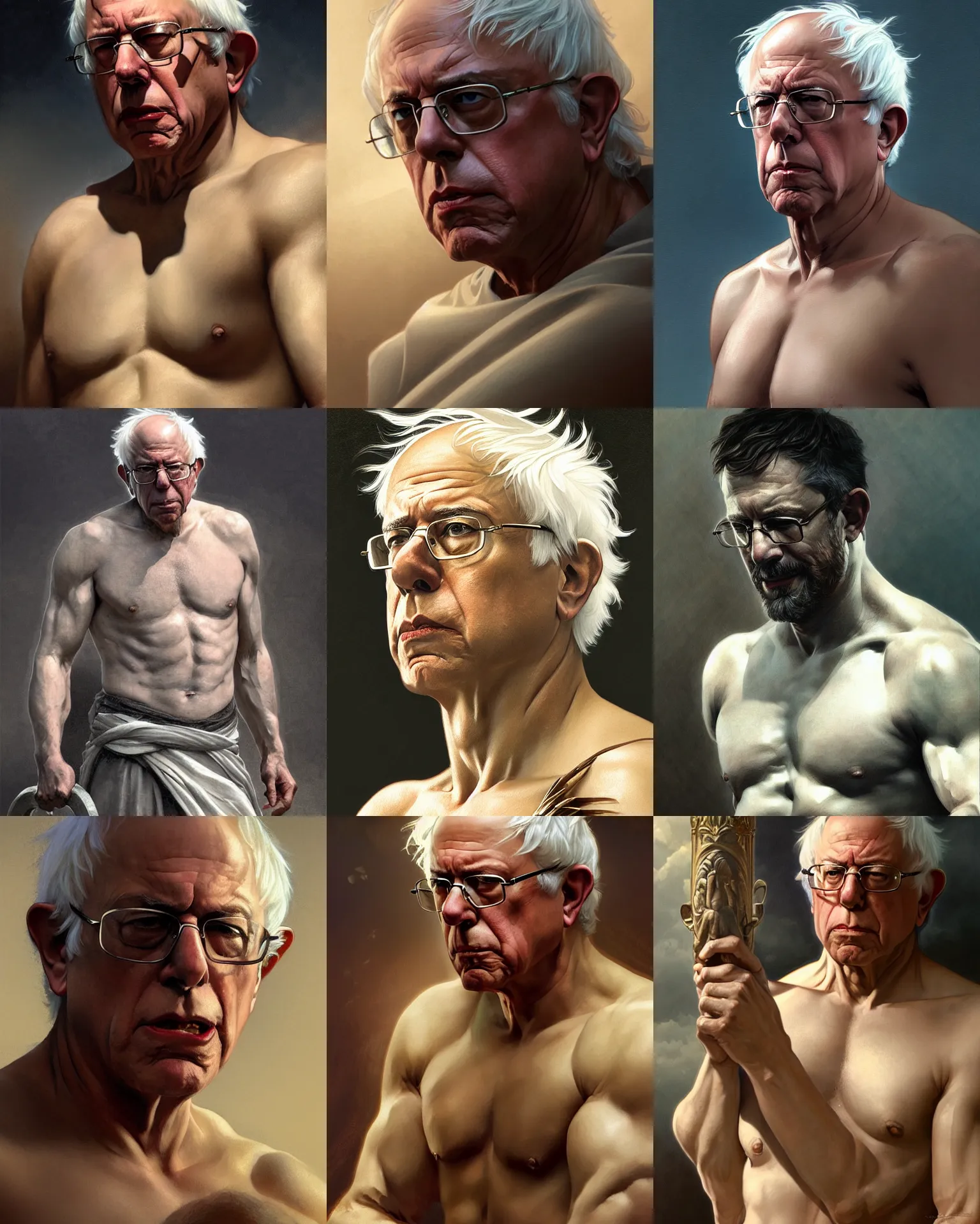 Prompt: Bernie Sanders as a Greek god, detailed face, gorgeous, amazing, muscular, fit, very muscular male body, intricate, highly detailed, digital painting, artstation, concept art, sharp focus, illustration, art by greg rutkowski and alphonse mucha