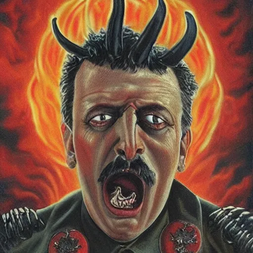 Image similar to igor ivanovich strelkov became an angry degraded satanic hellfire demonic abomination and calling for total mobilization, photo - realistic, color image, 2 k, highly detailed, bodyhorror, occult art