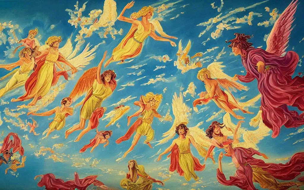 Prompt: vision of angels - a painting of an angel flying in the sky, with a group of angels flying above it by eiichiro oda and lawren harris, style of 6 0 s kitsch and psychedelia