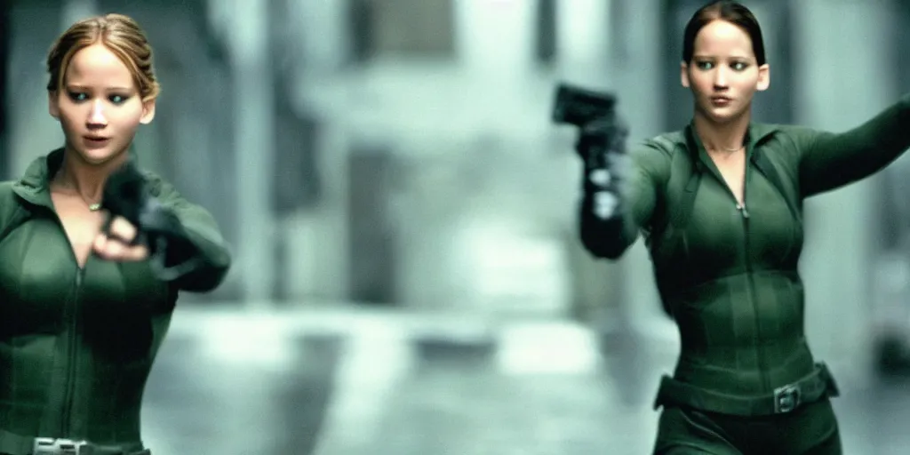 Prompt: Jennifer Lawrence fighting agents in matrix