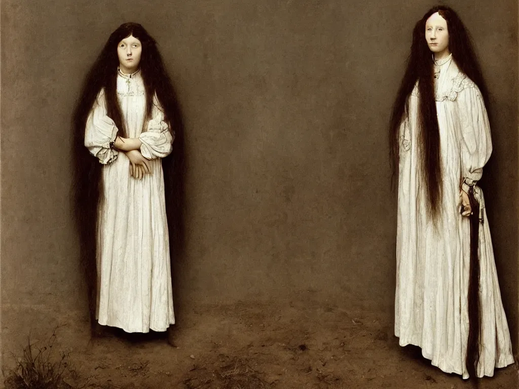 Image similar to portrait of a long haired hippy woman in a white dress. 21 th century clothes. Painting by Jan van Eyck, August Sander.