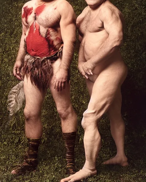 Prompt: actor Danny Devito in Elaborate Pan Satyr Goat Man Makeup and prosthetics designed by Rick Baker with young blonde Steve Reeves as Hercules, Hyperreal, Photographed in the Style of Annie Leibovitz, Studio Lighting