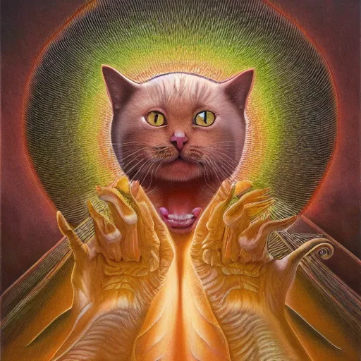 Image similar to a cat having an ego trip, by alex grey, by Esao Andrews and Karol Bak and Zdzislaw Beksinski and Zdzisław Beksiński, trending on ArtStation