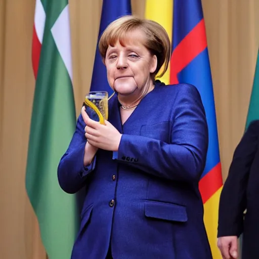 Prompt: angela merkel posing like a slav, drinking vodga