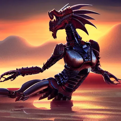 Image similar to a highly detailed full shot of beautiful anthropomorphic robot female dragon with smooth and streamlined armor, standing and posing elegantly, well detailed head, with sharp claws on her hands and feet, two arms, two legs, long tail, on the beach, artstation, DeviantArt, professional, octane render, sunset lighting