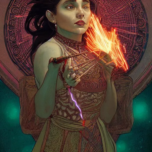 Prompt: a detailed tarot card of a shaman casting a spell, female, crimson colored, crackling green lightning, fantasy, d & d, intricate, elegant, highly detailed, digital painting, artstation, concept art, matte, sharp focus, illustration, in the style of magic the gathering, art by artgerm and greg rutkowski and alphonse mucha