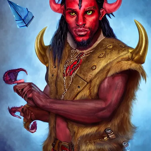 Image similar to dnd portrait of a travis scott as tiefling, male, red scales, a big black beard, completely golden eyes, 1 curved horn growing out of his forehead, one broken horn growing out of his forehead,
