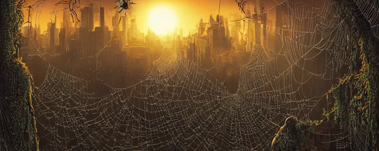 Image similar to Spider stealing past softly through the shadow of the evening sun, background of windows of the blissfully dead, a tangle of spider webs, surrealistic, fisheye, dark, matte painting by Jeffrey Smith and Dan Mumford and Ernst Haeckel, trending on artstationhq, 4k HDR