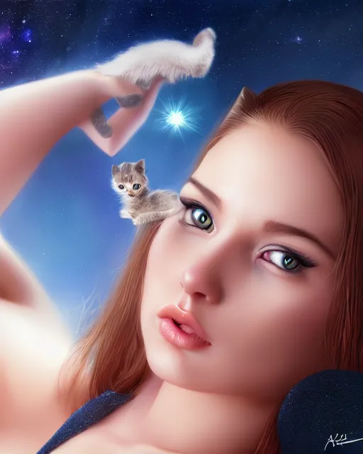 Image similar to a kitten on a rocket, photo, ultra detail, photoreal, professionally retouched, soft moonlight lighting, shiny plastic bikini, realistic, smooth face, goddess, luscious lips, perfect eyes, wide angle, sharp focus on eyes, 8 k high definition, insanely detailed, intricate, elegant, art by artgerm and wlop