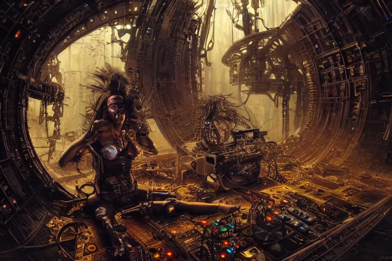 Image similar to a dynamic photo of a post apocalyptic tribal cyborg dj tweaking and playing synthesizers in the most complicated and technical spiral fractal musical studio, powerful, cinematic, beautifully lit, by donato giancola, by artgerm, by karol bak, 3 d, perfect face and body, trending on artstation, octane render, 8 k