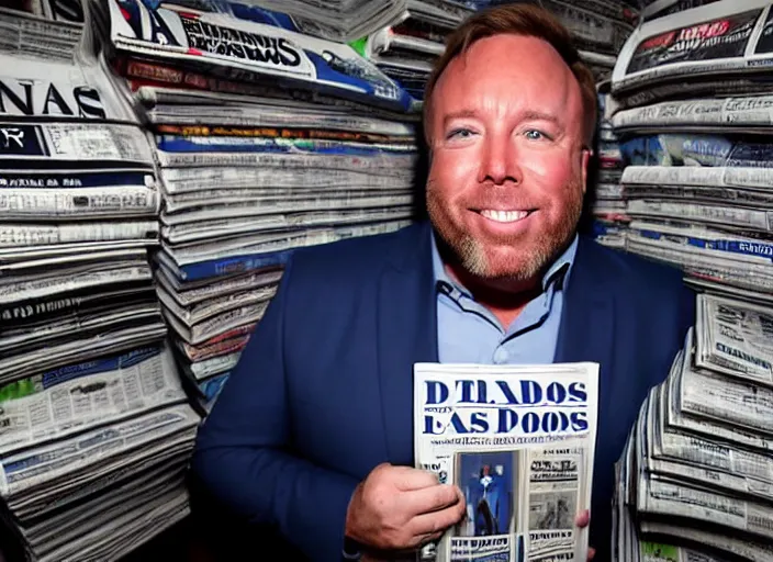 Image similar to dslr photo still of infowars host alex jones in a blue suit fat grey beard and mustache in a!!! room filled to the ceiling with newspapers newspapers to the ceiling newspapers everywhere stacks of newspapers!!!!!! looking at an iphone in shock gazing at an iphone in his hand scared look at iphone being held up!!!, 5 2 mm f 1. 8