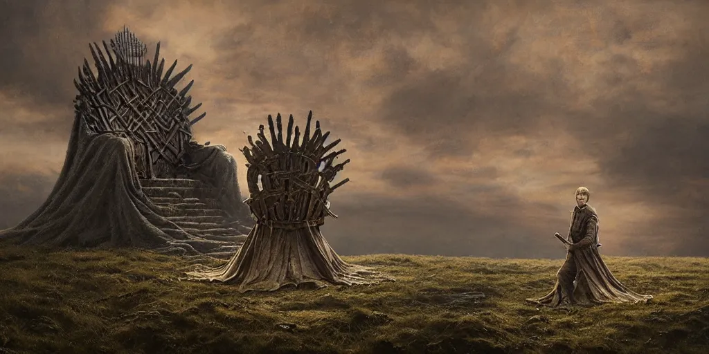 Prompt: Jack Gleeson as King Joffrey Baratheon sitting on the Iron Throne, Les Edwards, Zdzislaw Beksinski, Carl Gustav Carus, John Harris, Michal Karcz, Zhang Kechun, Mikko Lagerstedt, Scott Listfield, Steven Outram, Jessica Rossier