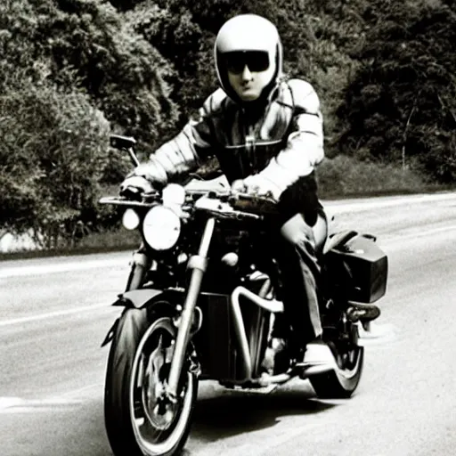 Prompt: allan holdsworth riding a motorcycle, magazine photo