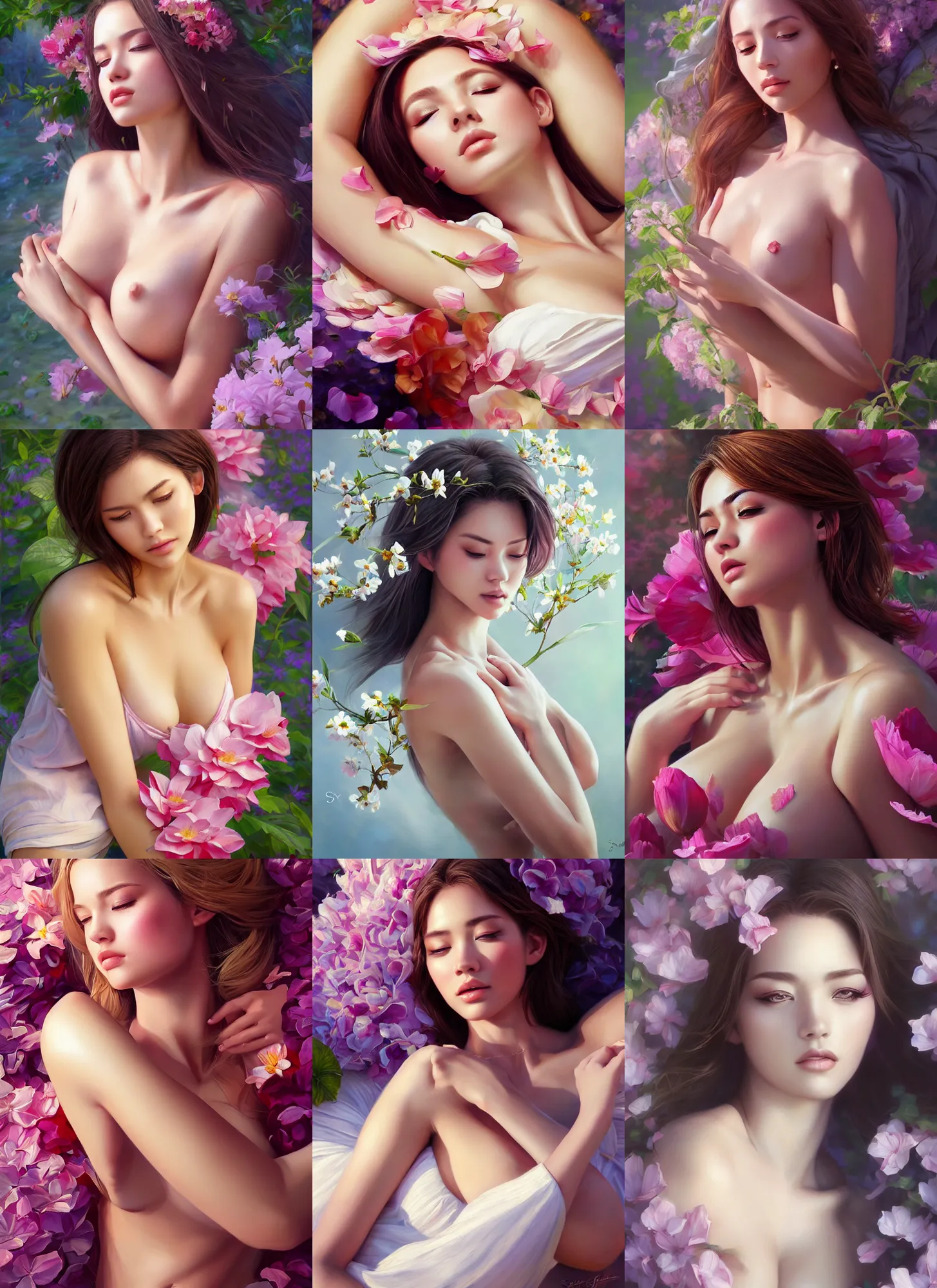 Prompt: photo of a gorgeous female resting on the petals in the style of stefan kostic, realistic, half body shot, 8 k high definition, insanely detailed, intricate, elegant, art by stanley lau, artgerm, wlop, caidychen, kuvshinov ilya,