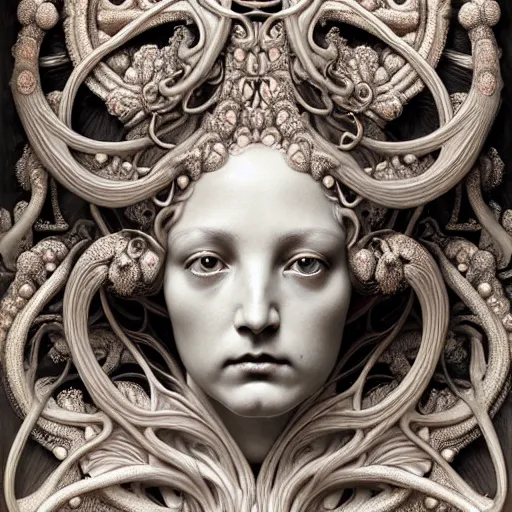 Prompt: detailed realistic porcelain beautiful ornate calaveras goddess face portrait by jean delville, gustave dore, iris van herpen and marco mazzoni, art forms of nature by ernst haeckel, art nouveau, symbolist, visionary, gothic, neo - gothic, pre - raphaelite, fractal lace, intricate alien botanical biodiversity, surreality, hyperdetailed ultrasharp octane render