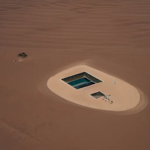 Prompt: A house designed by Miles Van Der Rohe in the middle of the sahara desert. Aerial View. Film Grain, cinematic. Brown sand. Full color. Magic Hour.