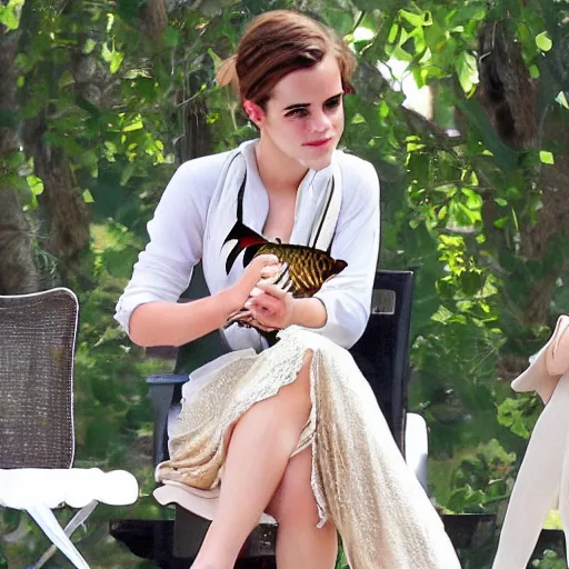 Prompt: Emma Watson wearing fancy fish, photorealistic