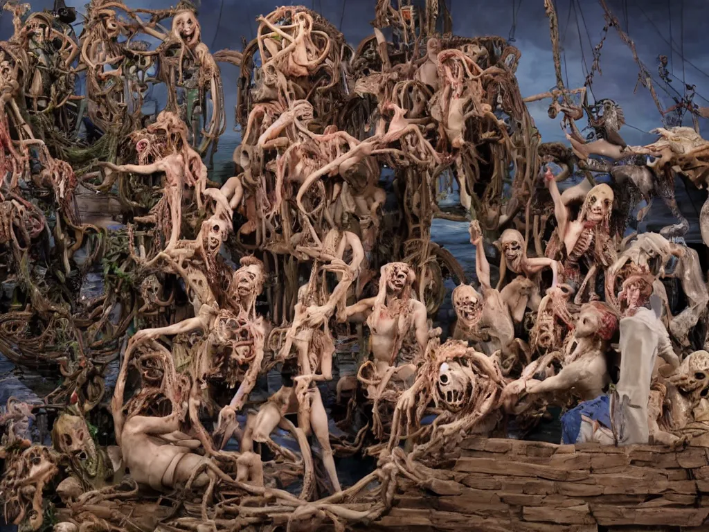 Image similar to diorama of the raft of the medusa as an animatronic schlock body horror comedy film, fun, animatronic figures, Sally Corporation, Garner Holt, Chris Walas, Rick Baker, Rob Bottin, Alec Gillis, Tom Woodruff Jr, Tom Savini, Stan Winston, lurid, vivid colors, neon lights, rubber latex, plastic, realistic materials, fleshy, Cronenberg, daylight, photo real, wet, slimy, wide angle, rule of thirds, 28mm, 1984, Eastman EXR 50D 5245/7245