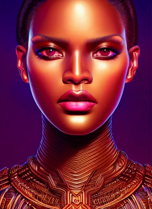 Prompt: portrait of synthwave warrior, intricate, brown skin, sharp focus, octane render, detailed, beautiful, unreal engine, symmetrical!!, loreal, maybelline, sephora, loreal, artstation, art by karol bak, art by artgerm, rossdraws, makeup by pat mcgrath, cinematic, concept art, filmic, vsco