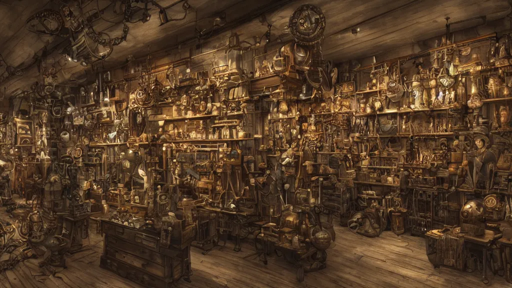 Image similar to A steampunk store, by Lee Fitzgerald, ultra detailed displays of weapons and clockwork machinations densely packed on shelves, volumetric lighting, 8k, unreal engine, trending on artstation