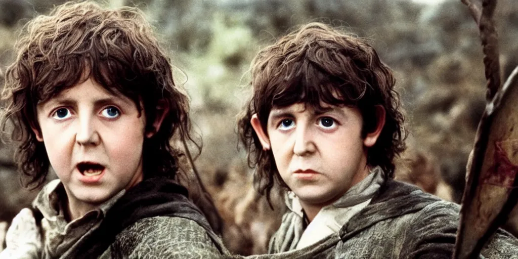 Image similar to A full color still of young Paul McCartney in Hobbit makeup and costume, in The Lord of the Rings directed by Stanley Kubrick,