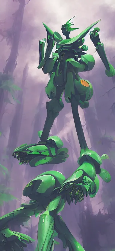 Image similar to giant humanoid plant mech, coming through treetops, forest, key art, sharp lines, towering above a small person, aesthetic, anime, trigger, shigeto koyama, hiroyuki imaishi